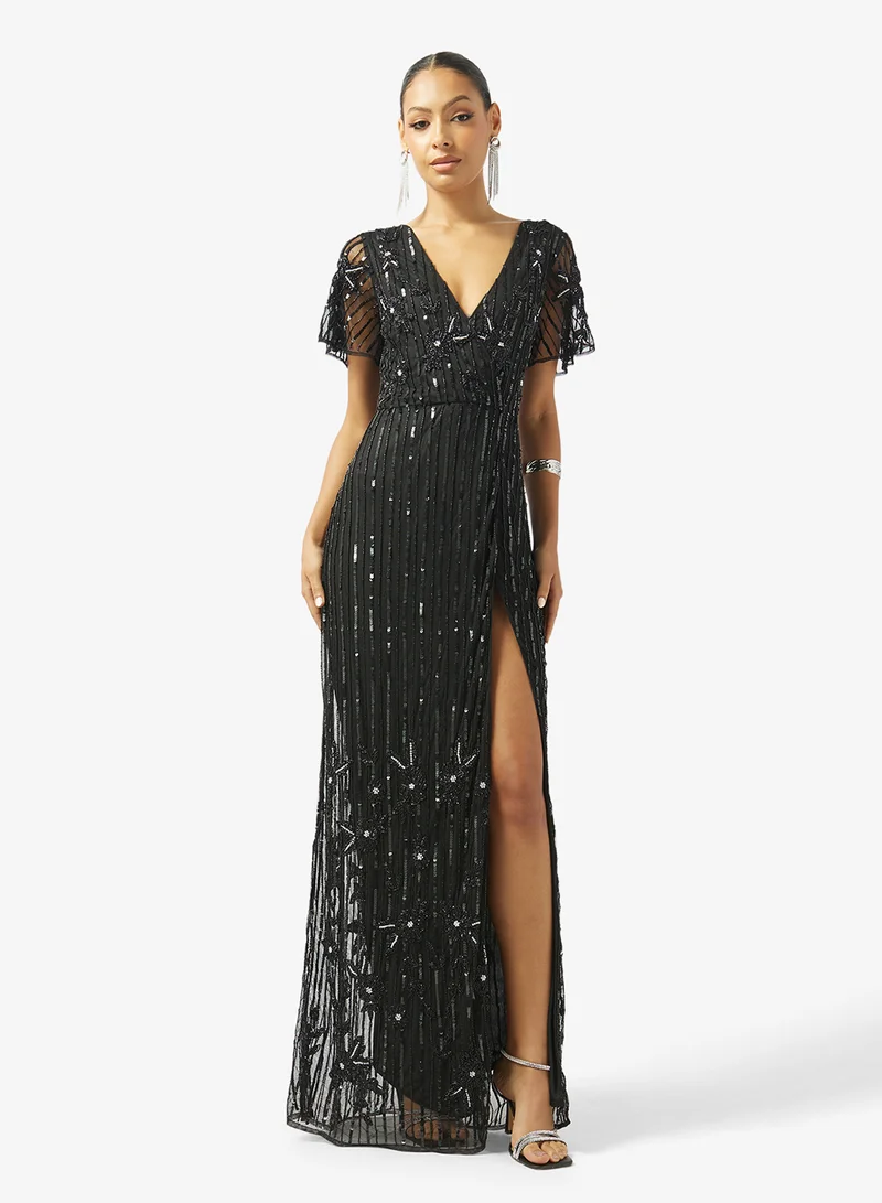 V Neck Bead Embellished Evening Gown with Slit